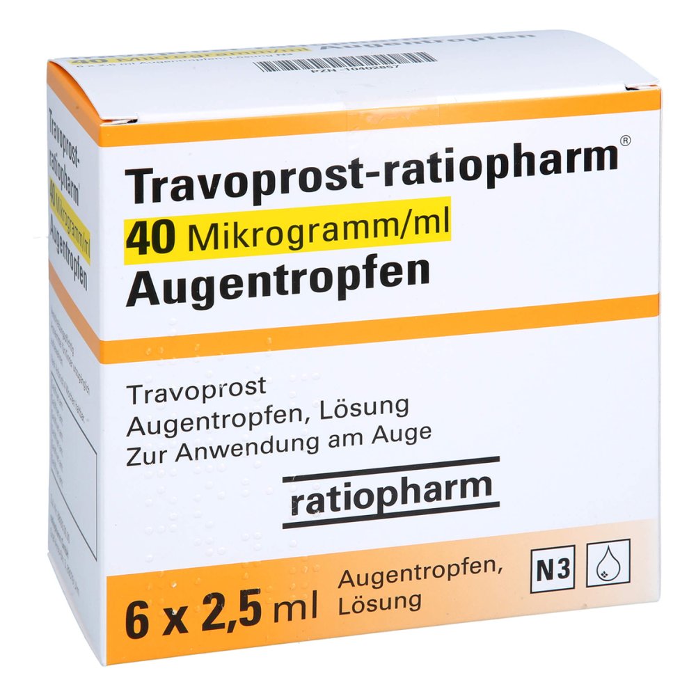 Das Produktfoto zeigt Travoprost-Ratiopharm 40 Mikrogramm/Ml Augentr. (6X2.5 ml) PZN 10402857