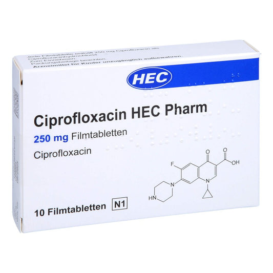 Das Produktfoto zeigt Ciprofloxacin Hec Pharm 250 Mg Filmtabletten (10 stk) PZN 10410727