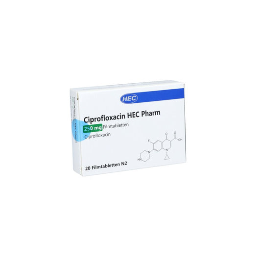 Das Produktfoto zeigt Ciprofloxacin Hec Pharm 250 Mg Filmtabletten (20 stk) PZN 10410756