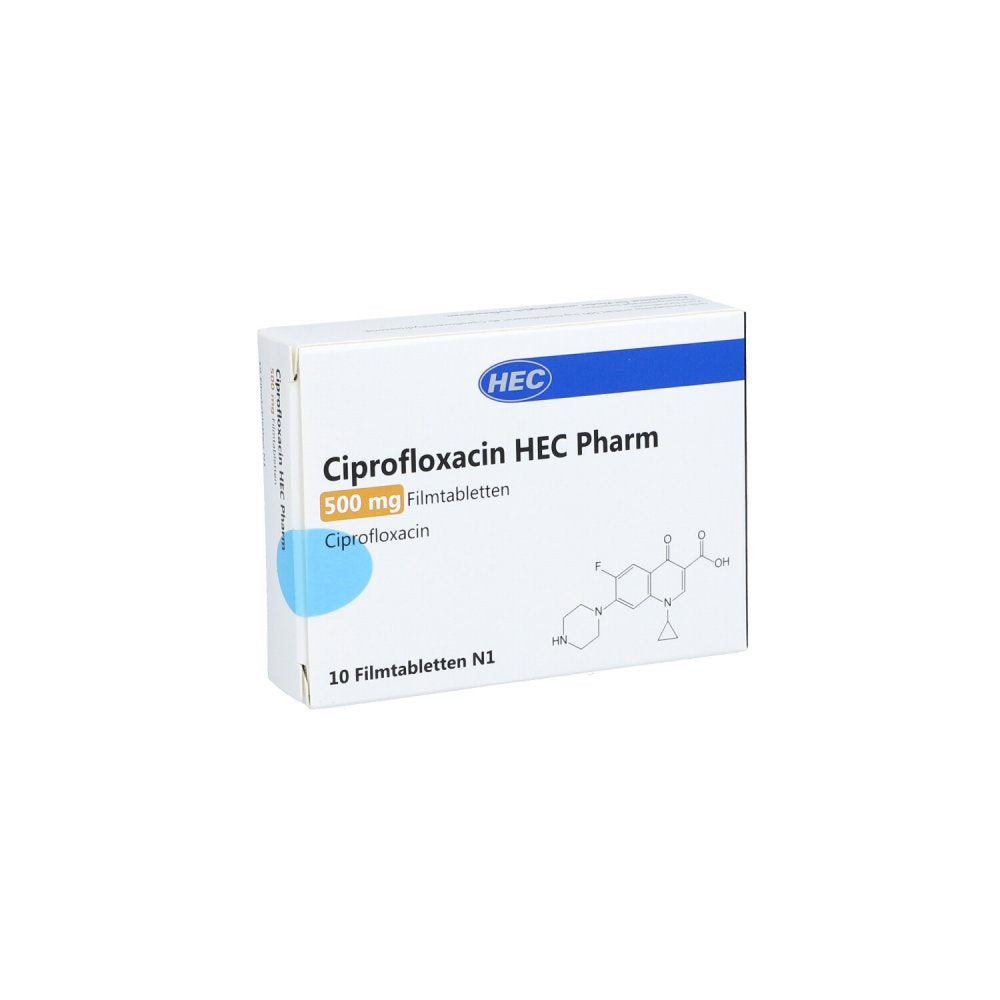 Das Produktfoto zeigt Ciprofloxacin Hec Pharm 500 Mg Filmtabletten (10 stk) PZN 10410779