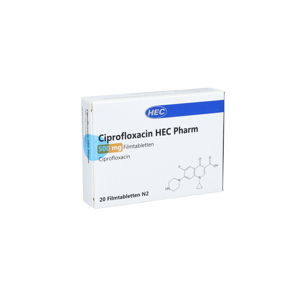 Das Produktfoto zeigt Ciprofloxacin Hec Pharm 500 Mg Filmtabletten (20 stk) PZN 10410791