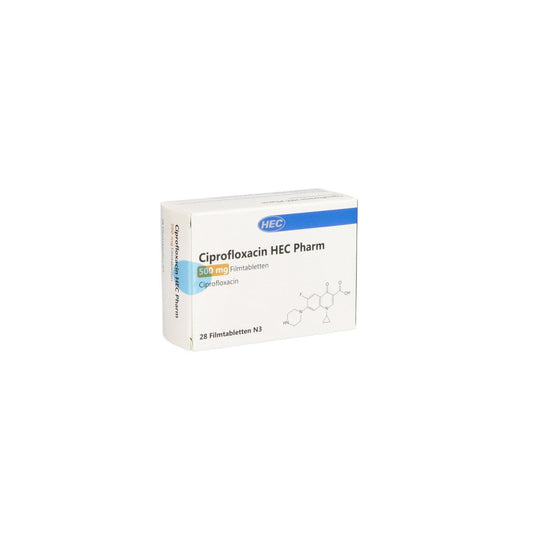 Das Produktfoto zeigt Ciprofloxacin Hec Pharm 500 Mg Filmtabletten (28 stk) PZN 10410816