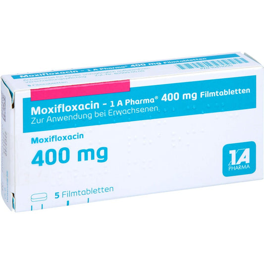 Das Produktfoto zeigt Moxifloxacin-1a Pharma 400 Mg Filmtabletten (5 stk) PZN 10411000