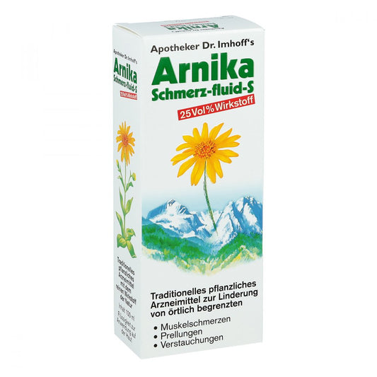 Das Produktfoto zeigt Apotheker Dr.Imhoff's Arnika Schmerz-Fluid S (100 ml) PZN 10414642