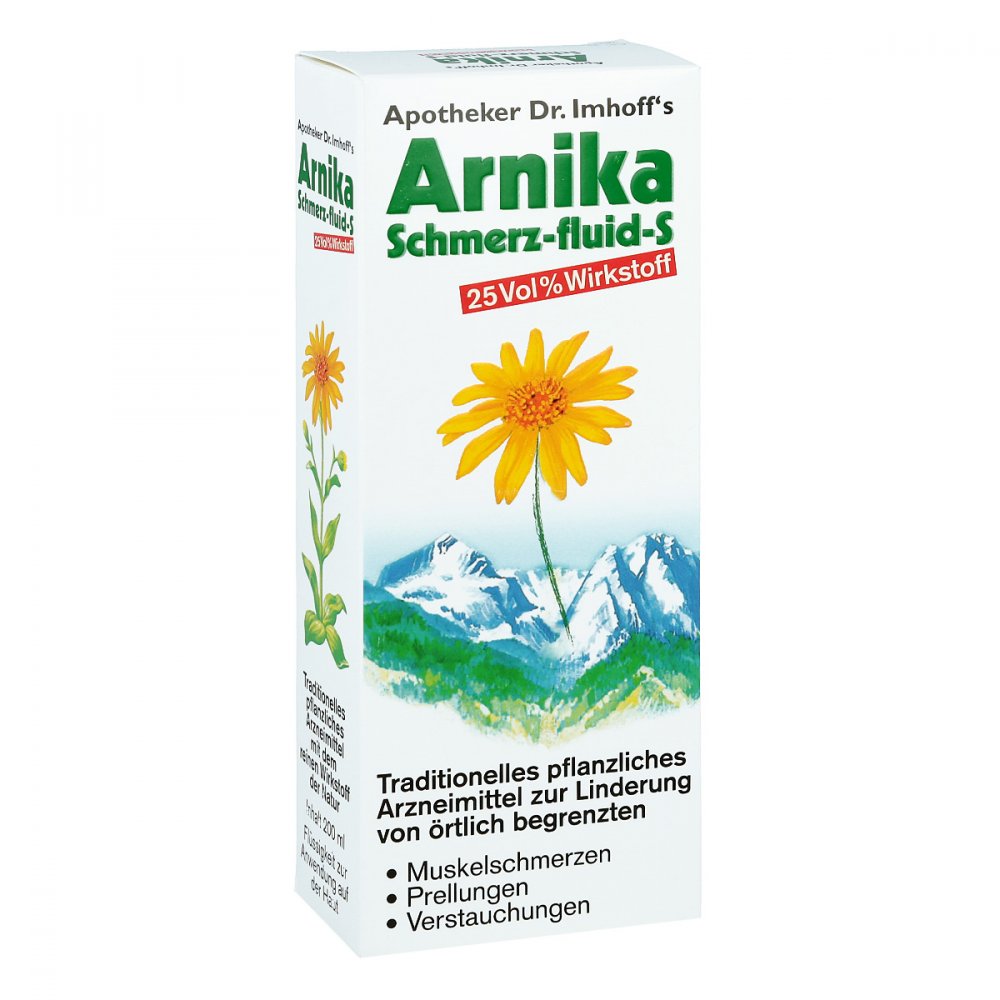Das Produktfoto zeigt Apotheker Dr.Imhoff's Arnika Schmerz-Fluid S (200 ml) PZN 10414659