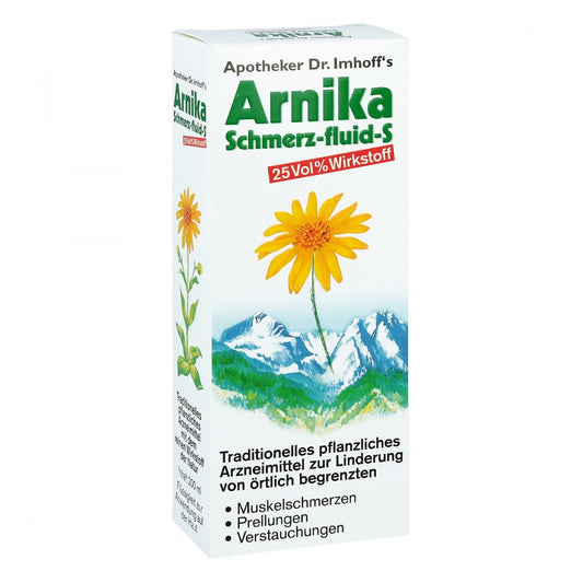 Das Produktfoto zeigt Apotheker Dr.Imhoff's Arnika Schmerz-Fluid S (200 ml) PZN 10414659