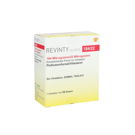 Das Produktfoto zeigt Revinty Ellipta 184 Μg/22 Μg Einzeld.P.Z.Inh.30ed (1 stk) PZN 10417675
