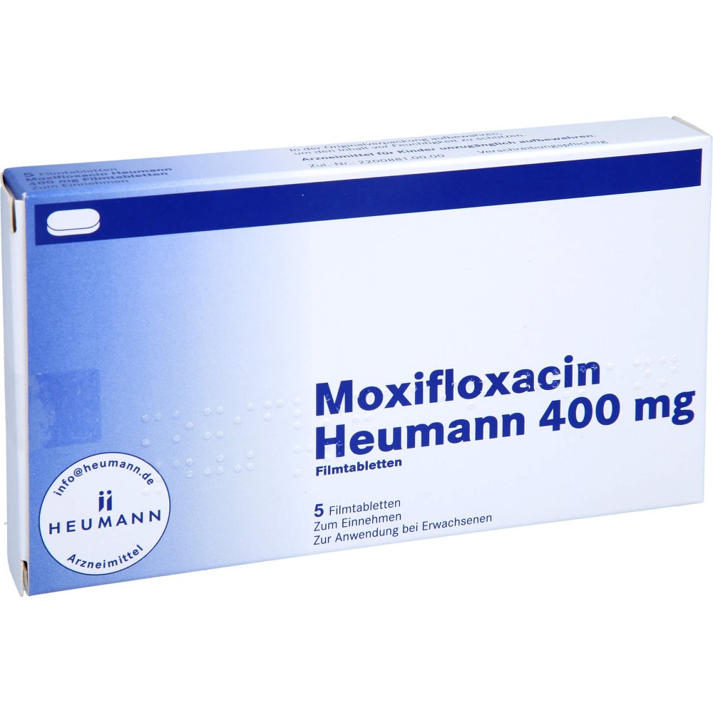 Das Produktfoto zeigt Moxifloxacin Heumann 400 Mg Filmtabletten (5 stk) PZN 10419504