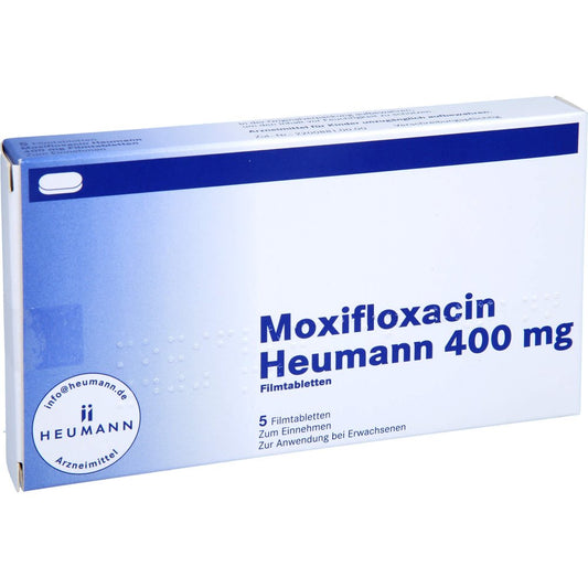 Das Produktfoto zeigt Moxifloxacin Heumann 400 Mg Filmtabletten (5 stk) PZN 10419504