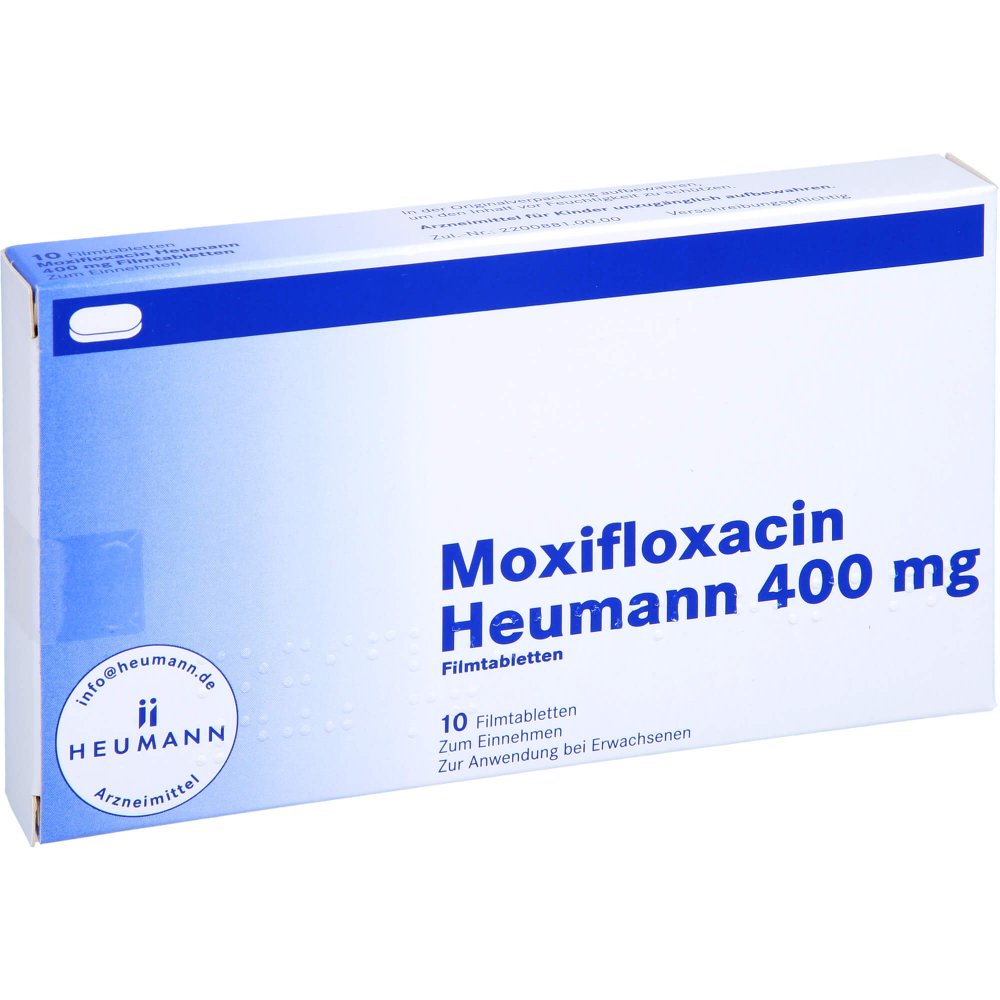 Das Produktfoto zeigt Moxifloxacin Heumann 400 Mg Filmtabletten (10 stk) PZN 10419527