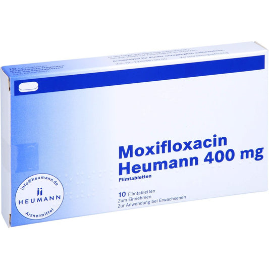 Das Produktfoto zeigt Moxifloxacin Heumann 400 Mg Filmtabletten (10 stk) PZN 10419527