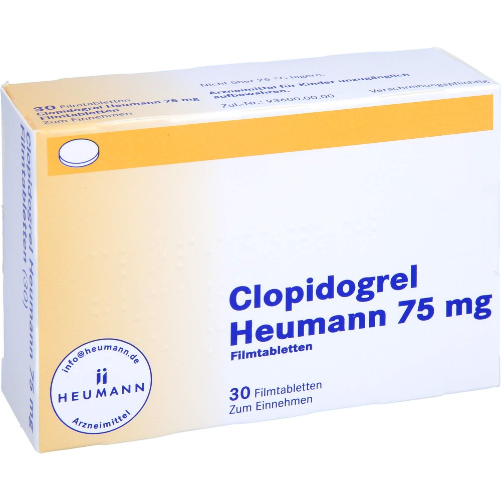 Das Produktfoto zeigt Clopidogrel Heumann 75 Mg Filmtabletten (30 stk) PZN 10524661