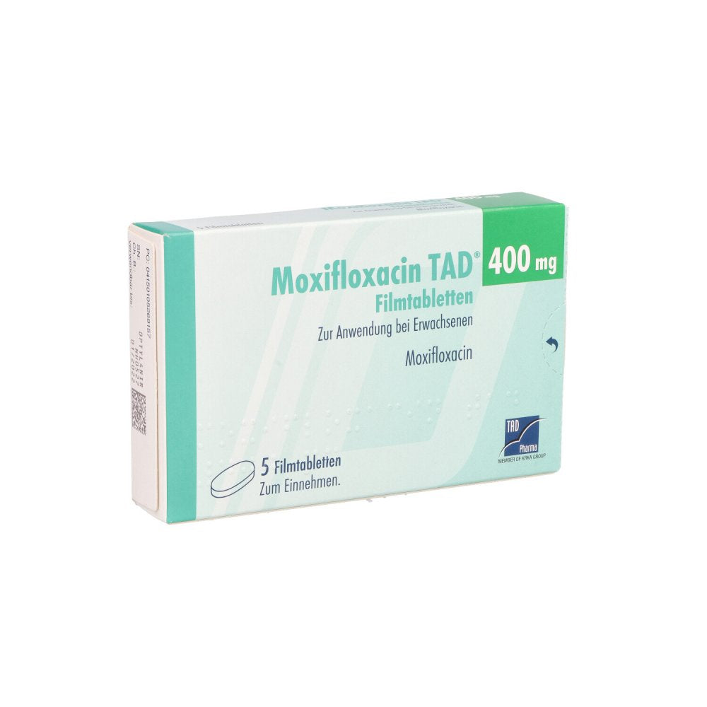Das Produktfoto zeigt Moxifloxacin Tad 400 Mg Filmtabletten (5 stk) PZN 10526915
