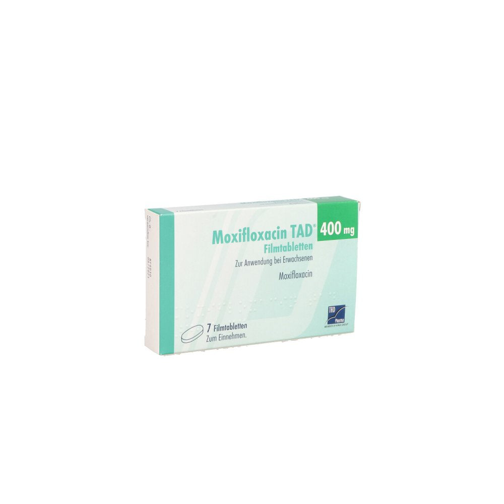 Das Produktfoto zeigt Moxifloxacin Tad 400 Mg Filmtabletten (7 stk) PZN 10526921