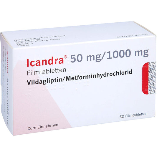 Das Produktfoto zeigt Icandra 50 Mg/1000 Mg Filmtabletten (30 stk) PZN 10528423