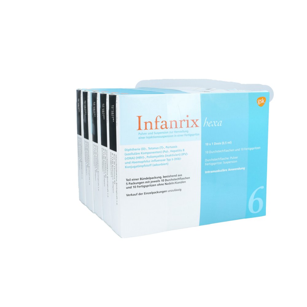 Das Produktfoto zeigt Infanrix Hexa Fertigspr.Plv.U.Susp.Z.H.E.Inj.Susp. (50 stk) PZN 10538539
