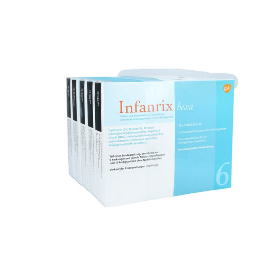 Das Produktfoto zeigt Infanrix Hexa Fertigspr.Plv.U.Susp.Z.H.E.Inj.Susp. (50 stk) PZN 10538539