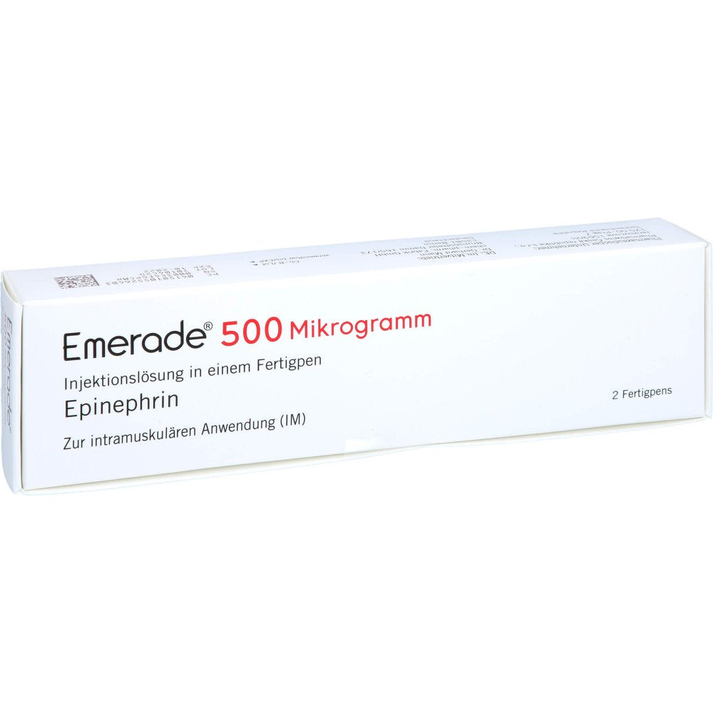 Das Produktfoto zeigt Emerade 500 Mikrogramm Inj.-Lsg.In Einem Fertigpen (2X0.5 ml) PZN 10552640