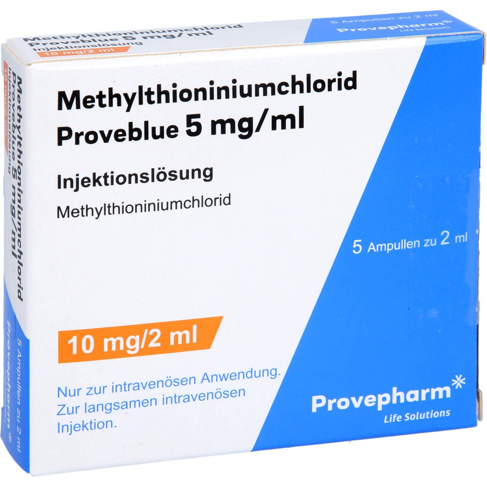 Das Produktfoto zeigt Methylthioniniumchlorid Proveblue 5 Mg/Ml Ampullen (5X2 ml) PZN 10630050