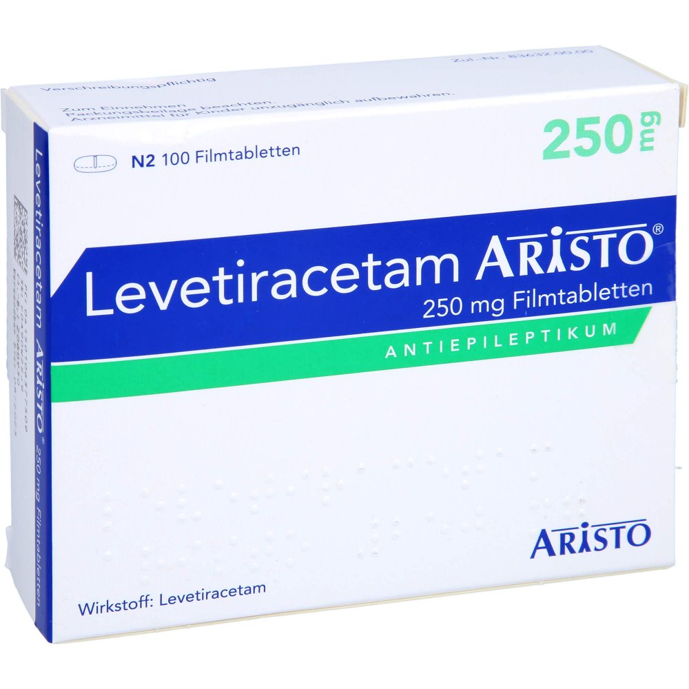 Das Produktfoto zeigt Levetiracetam Aristo 250 Mg Filmtabletten (100 stk) PZN 10637750