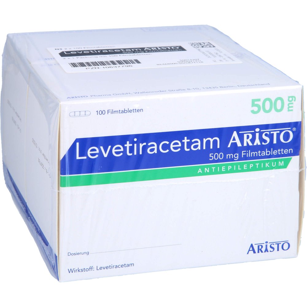 Das Produktfoto zeigt Levetiracetam Aristo 500 Mg Filmtabletten (200 stk) PZN 10637796