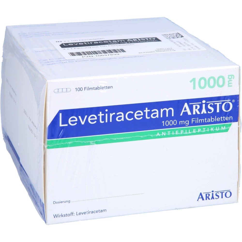 Das Produktfoto zeigt Levetiracetam Aristo 1000 Mg Filmtabletten (200 stk) PZN 10637833