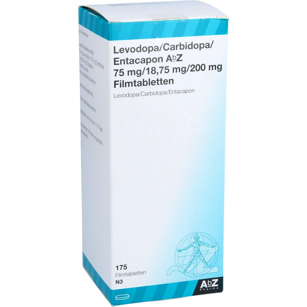 Das Produktfoto zeigt Levodopa/Carbidopa/Entacapon Abz 75/18,75/200mg (175 stk) PZN 10712871