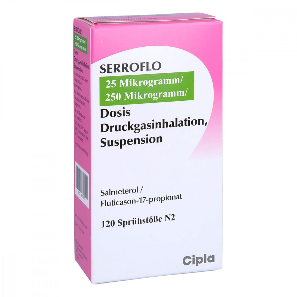 Das Produktfoto zeigt Serroflo 25 Μg/250 Μg 120 Hub Dosieraerosol (1 stk) PZN 10737977
