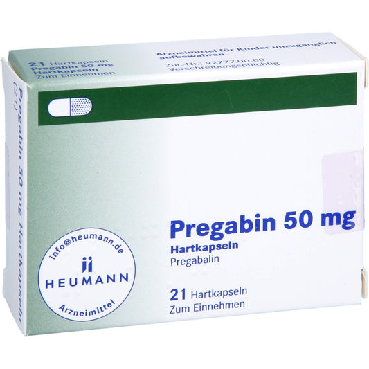 Das Produktfoto zeigt Pregabin 50 Mg Hartkapseln (21 stk) PZN 10785717