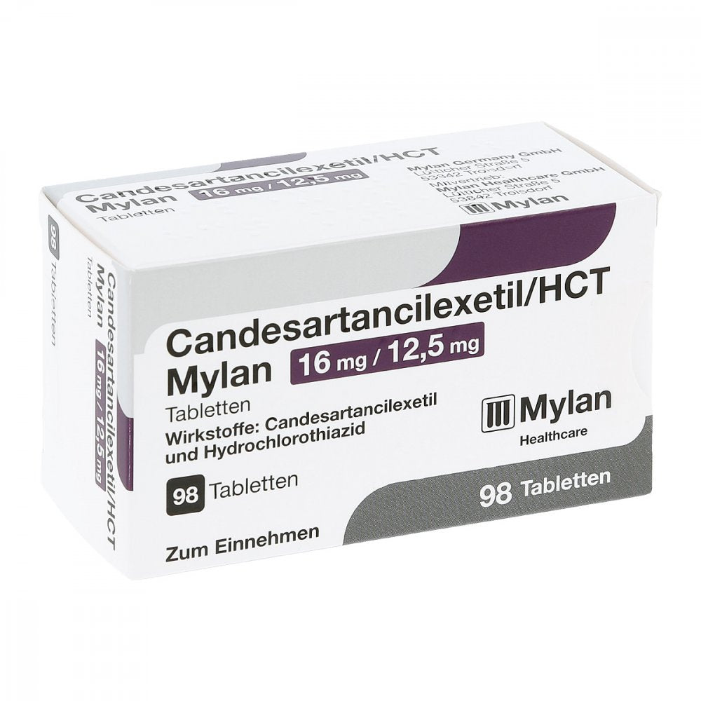 Das Produktfoto zeigt Candesartancilexetil/Hct Mylan 16 Mg/12,5 Mg Tabl. (98 stk) PZN 10787478