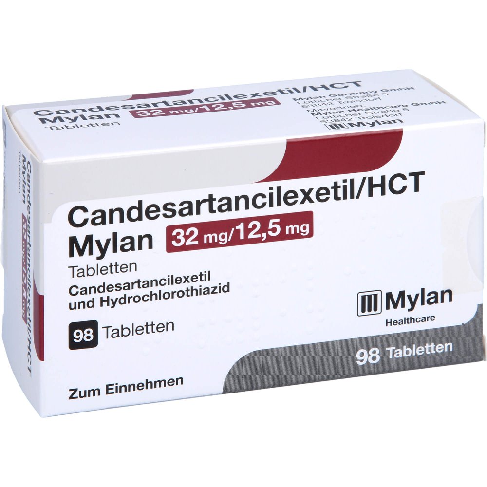 Das Produktfoto zeigt Candesartancilexetil/Hct Mylan 32 Mg/12,5 Mg Tabl. (98 stk) PZN 10787509