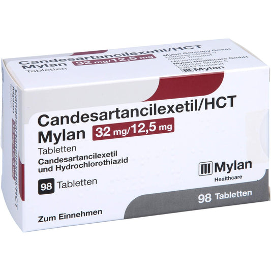 Das Produktfoto zeigt Candesartancilexetil/Hct Mylan 32 Mg/12,5 Mg Tabl. (98 stk) PZN 10787509