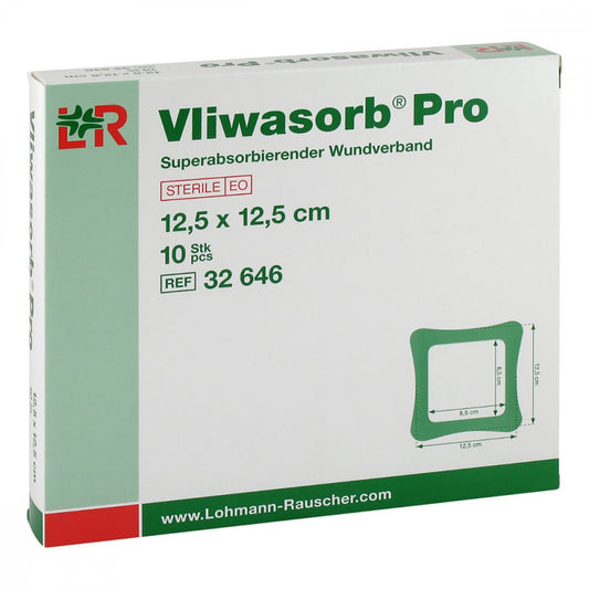 Das Produktfoto zeigt Vliwasorb Pro Superabsorb.Komp.Steril 12,5x12,5 Cm (10 stk) PZN 10792491