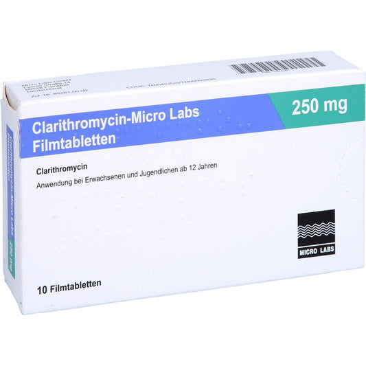 Das Produktfoto zeigt Clarithromycin Micro Labs 250 Mg Filmtabletten (10 stk) PZN 10818291