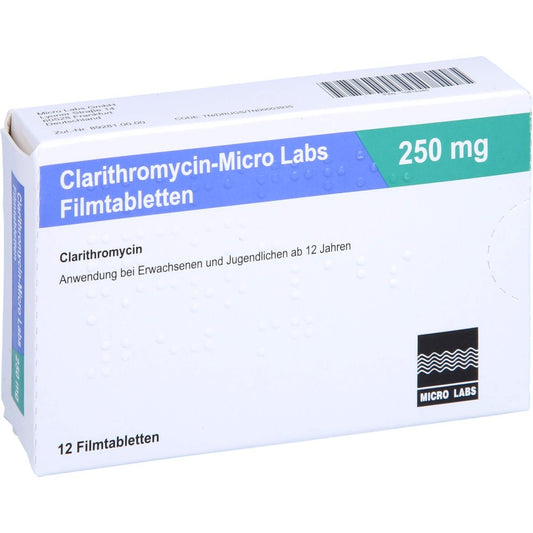 Das Produktfoto zeigt Clarithromycin Micro Labs 250 Mg Filmtabletten (12 stk) PZN 10818345
