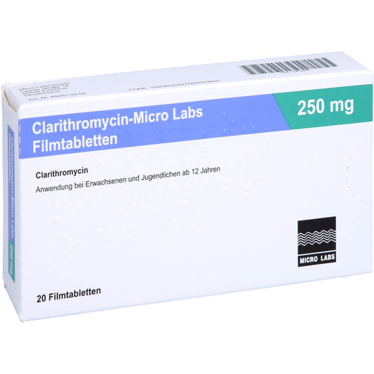 Das Produktfoto zeigt Clarithromycin Micro Labs 250 Mg Filmtabletten (20 stk) PZN 10818397