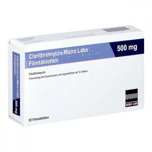 Das Produktfoto zeigt Clarithromycin Micro Labs 500 Mg Filmtabletten (20 stk) PZN 10818492