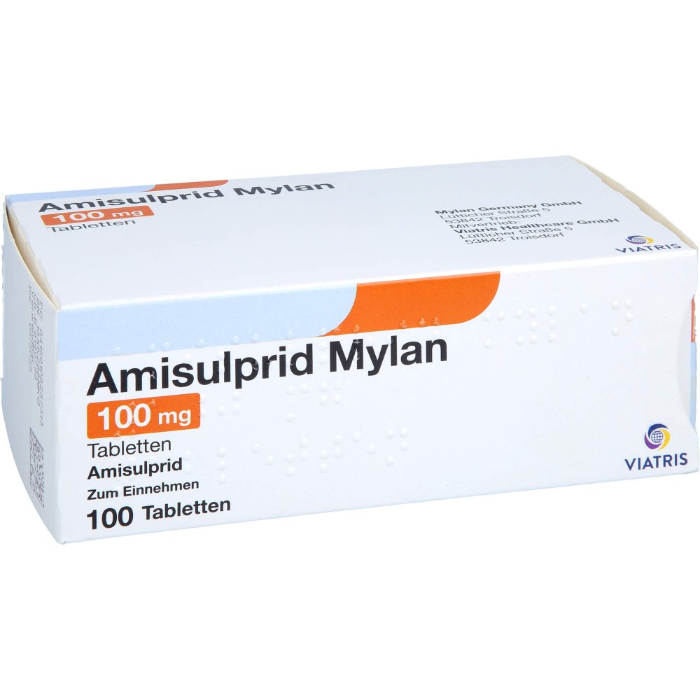 Das Produktfoto zeigt Amisulprid Mylan 100 Mg Tabletten (100 stk) PZN 10823731