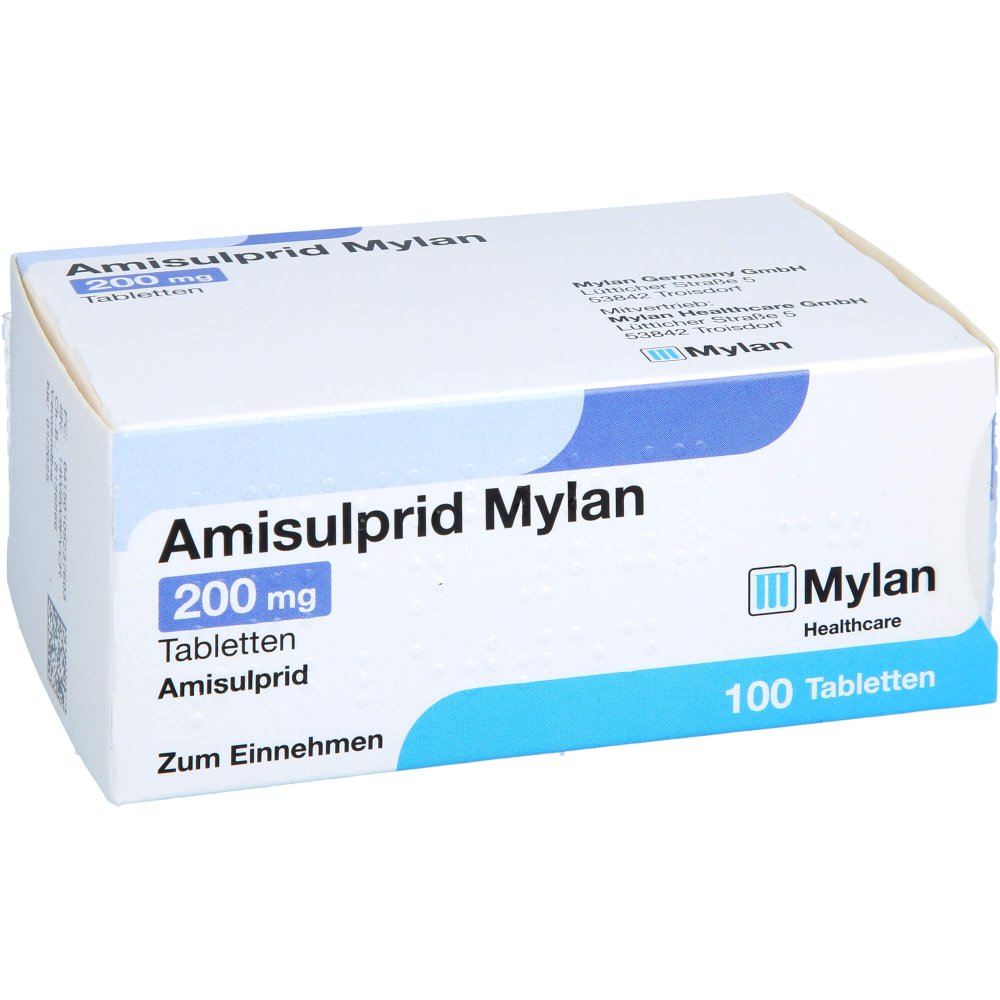 Das Produktfoto zeigt Amisulprid Mylan 200 Mg Tabletten (100 stk) PZN 10823760