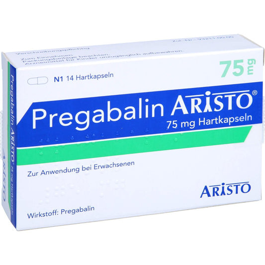Das Produktfoto zeigt Pregabalin Aristo 75 Mg Hartkapseln (14 stk) PZN 10834290