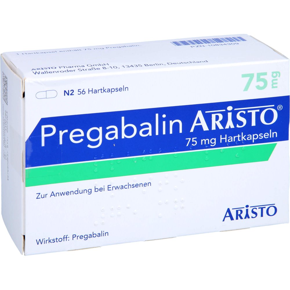 Das Produktfoto zeigt Pregabalin Aristo 75 Mg Hartkapseln (56 stk) PZN 10834309