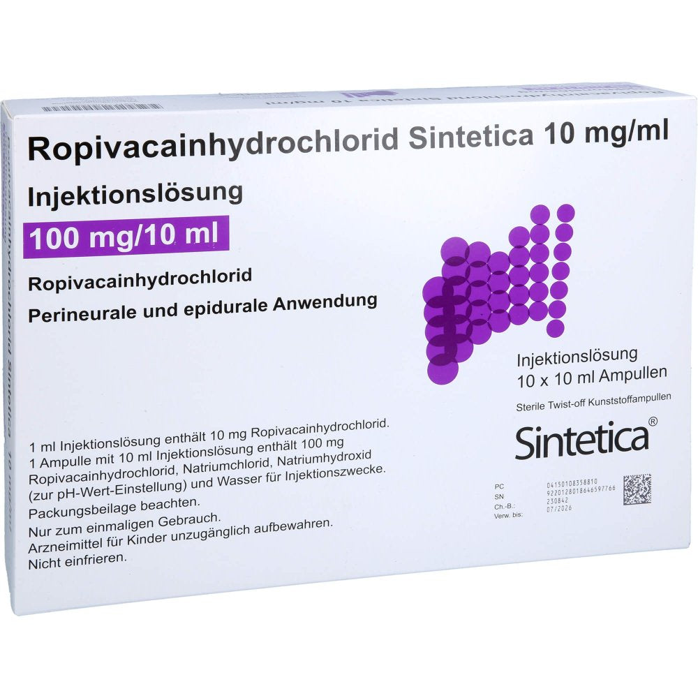 Das Produktfoto zeigt Ropivacainhydrochlorid Sintetica 10 Mg/Ml Inj.-L. (10X10 ml) PZN 10835881