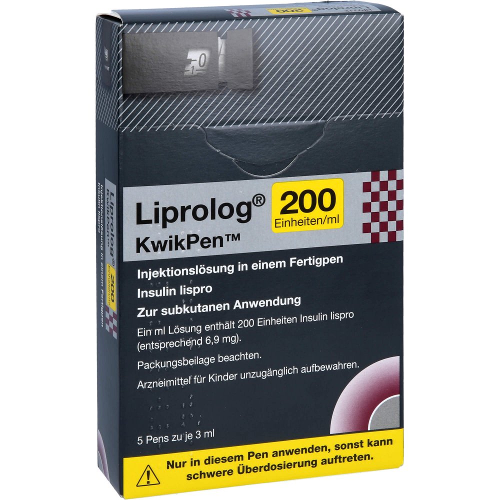 Das Produktfoto zeigt Liprolog 200 E/Ml Kwikpen Inj.-Lsg.I.E.Fertigpen (5X3 ml) PZN 10837383