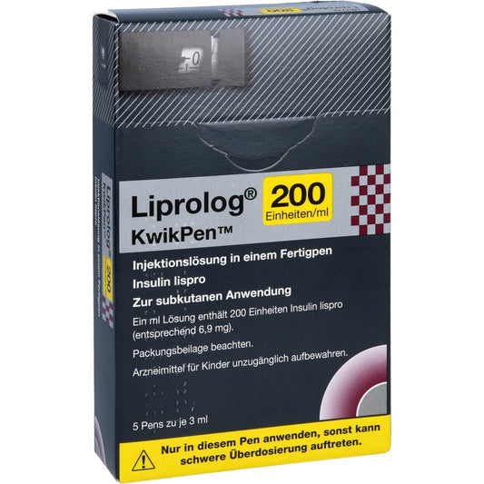 Das Produktfoto zeigt Liprolog 200 E/Ml Kwikpen Inj.-Lsg.I.E.Fertigpen (5X3 ml) PZN 10837383