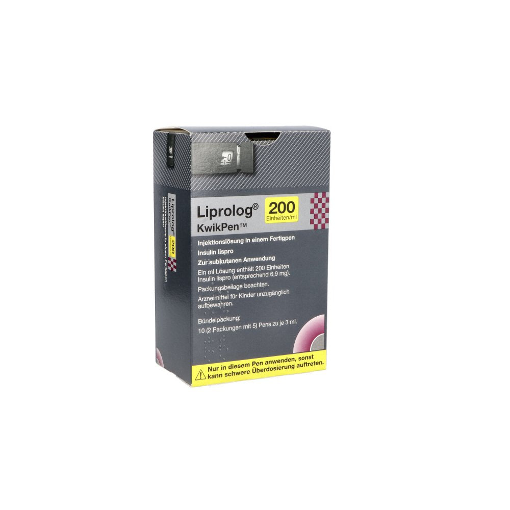 Das Produktfoto zeigt Liprolog 200 E/Ml Kwikpen Inj.-Lsg.I.E.Fertigpen (10X3 ml) PZN 10837408