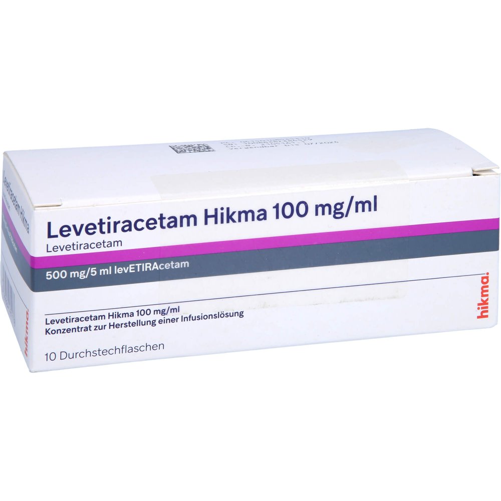 Das Produktfoto zeigt Levetiracetam Hikma 100 Mg/Ml Konz.H.Inf.-L.500mg (10 stk) PZN 10853531
