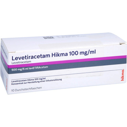 Das Produktfoto zeigt Levetiracetam Hikma 100 Mg/Ml Konz.H.Inf.-L.500mg (10 stk) PZN 10853531