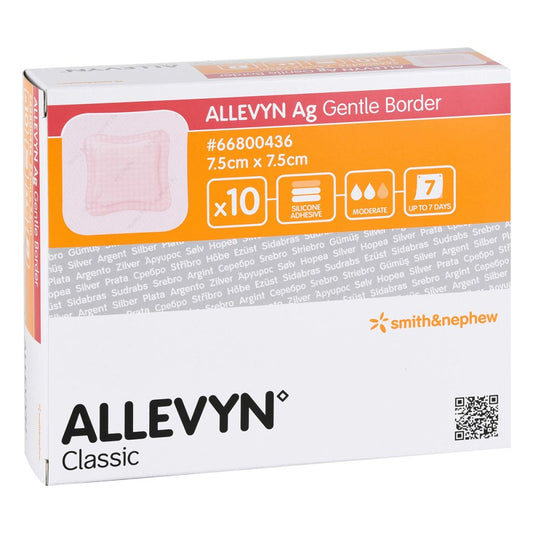 Das Produktfoto zeigt Allevyn Ag Gentle Border 7,5x7,5 Cm Wundverband (10 stk) PZN 10914474