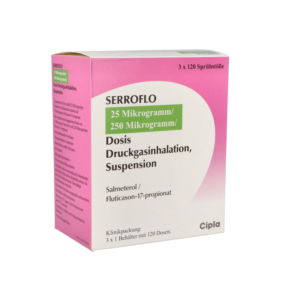 Das Produktfoto zeigt Serroflo 25 Μg/250 Μg 3x120 Hub Dosieraerosol (3 stk) PZN 10933885