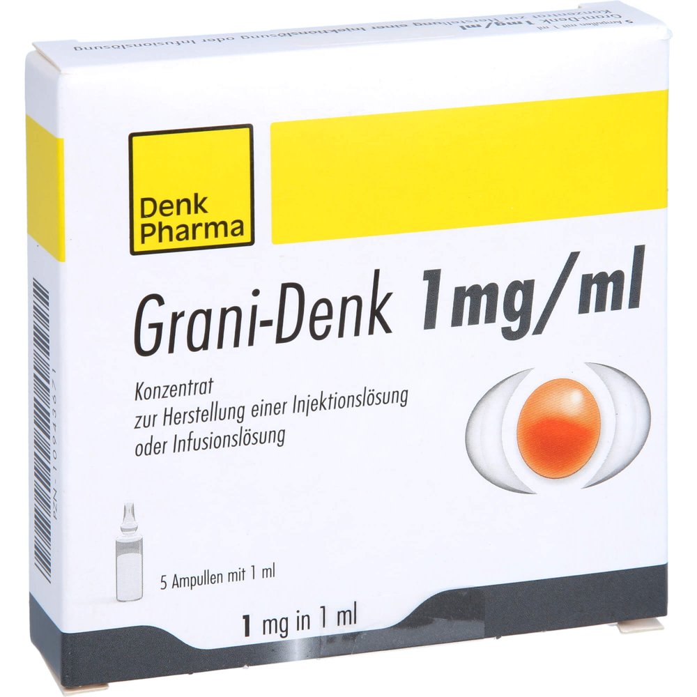 Das Produktfoto zeigt Grani-Denk 1 Mg/Ml Konz.Z.Herst.E.Inj.-/Inf.-Lsg. (5X1 ml) PZN 10943671